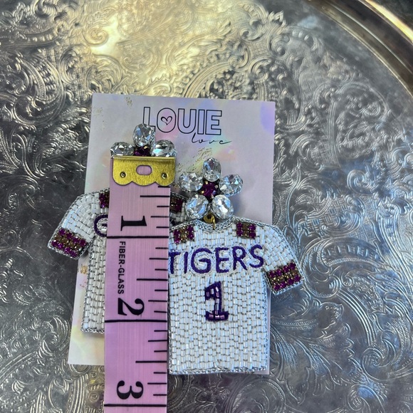 Louie Love Embroidered Beaded LSU GEAUX TIGERS Football Jersey Post Earrings 💗 - Picture 4 of 4
